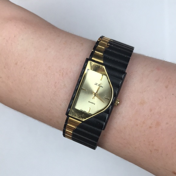 Vintage gold black watch quartz mvmt Art Deco MCM